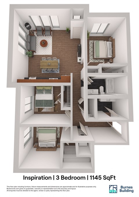Floor plan for 3 beds, 1.5 baths, 1145 sqft
